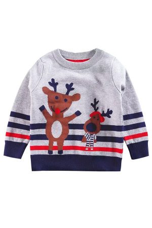 Pull Enfant de Noël Renne Gris & Bleu