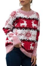 Pull Femme Blanc, Rouge & Rose Flocons - Porté