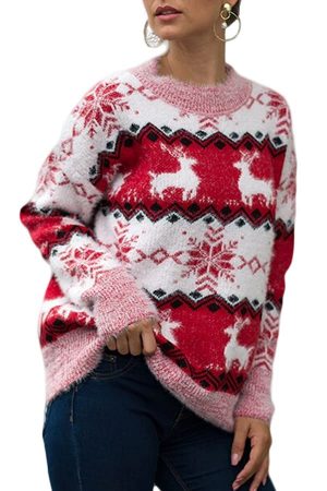 Pull Femme Blanc, Rouge & Rose Flocons - Porté