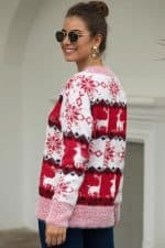 Pull Femme Blanc, Rouge & Rose Flocons - Vue de coté