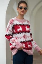 Pull Femme Blanc, Rouge & Rose Flocons - Vue de Face