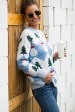 pull femme bonhomme de neige bleu vue de cote