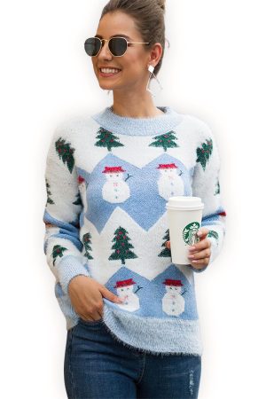 pull femme bonhomme de neige bleu vue de face