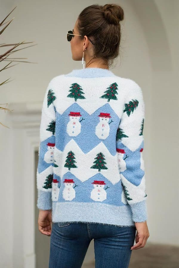 pull femme bonhomme de neige bleu vue dedos
