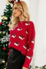 pull femme rouge bonnet noel vue de cote