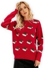 pull femme rouge bonnet noel vue de face2