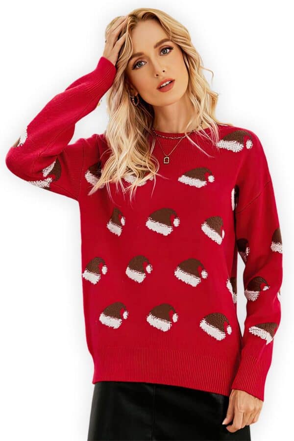 pull femme rouge bonnet noel vue de face2