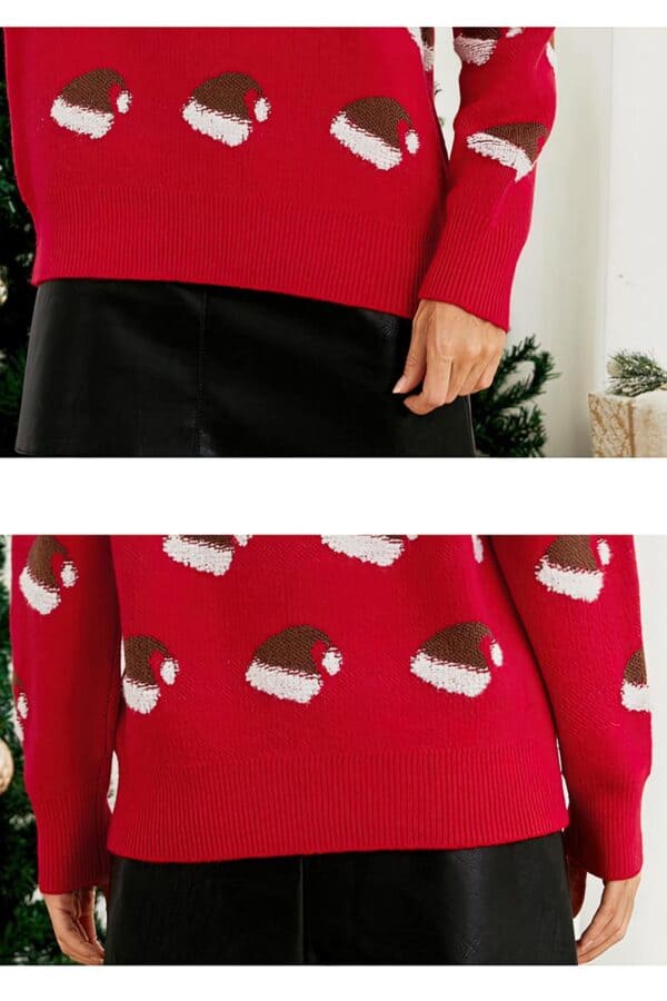 pull femme rouge bonnet noel vue detaillee