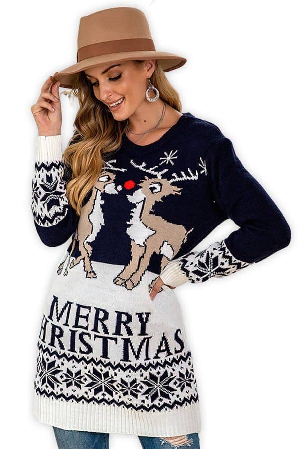 pull merry chritmas cerf bleu vue de face