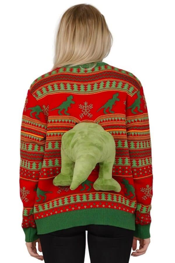 pull moche noel femme dinosaure 3d vue de dos