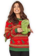 pull moche noel femme dinosaure 3d vue de face