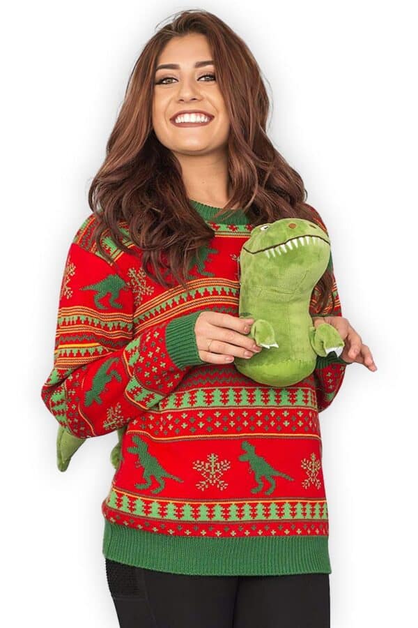 pull moche noel femme dinosaure 3d vue de face