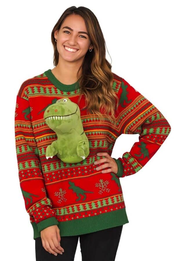 pull moche noel femme dinosaure 3d vue de face2