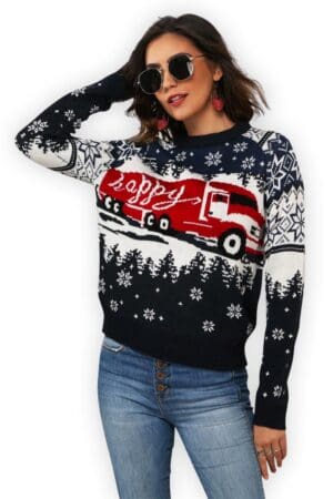 pull noel camion rouge happy femme vue de face2