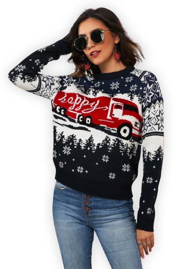 pull noel camion rouge happy femme vue de face2