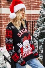 pull noel femme noir rouge santa favorite vue de cote