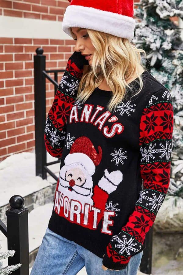 pull noel femme noir rouge santa favorite vue de cote2