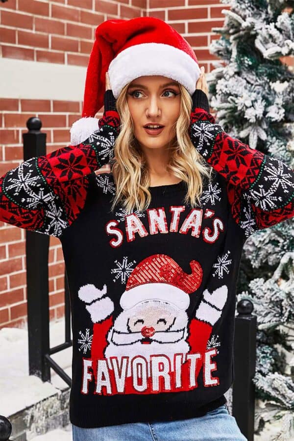 pull noel femme noir rouge santa favorite vue de face