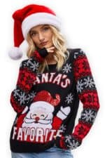 pull noel femme noir rouge santa favorite vue de face2