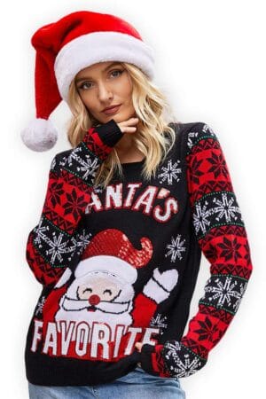 pull noel femme noir rouge santa favorite vue de face2