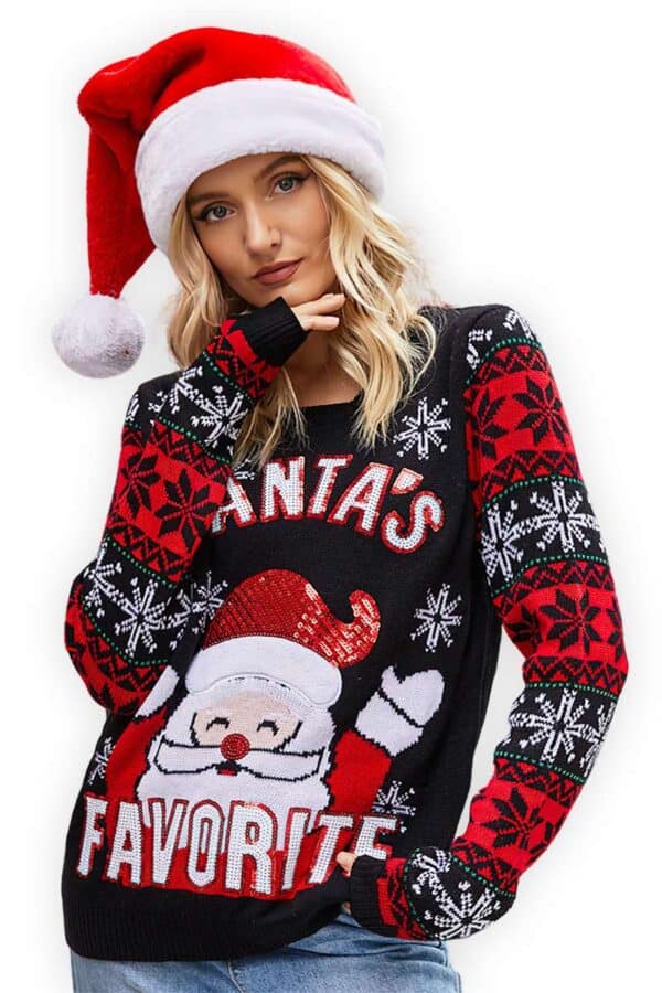 pull noel femme noir rouge santa favorite vue de face2