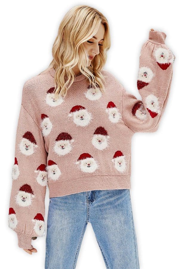 pull noel femme rose pere noel vue de face3 pull noel femme rose pere noel vue de face3