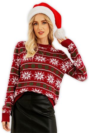 pull rouge flocon noel vue de face