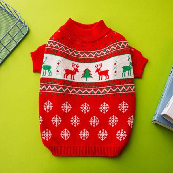 Pull Noël Rouge Chihuahua motif rennes de Noël Vue de dessus
