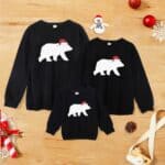 Pull Noir Famille Ours Polaire & Bonnet de Noël assortis