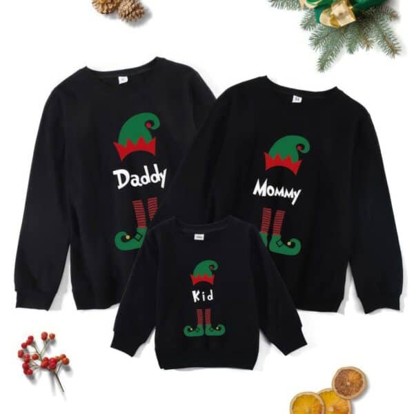 Pull Noir Lutin de Noël en Famille Assortis