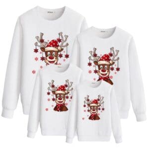 Pull de Noël en famille Joyeux Renne Blanc
