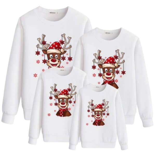 Pull de Noël en famille Joyeux Renne Blanc