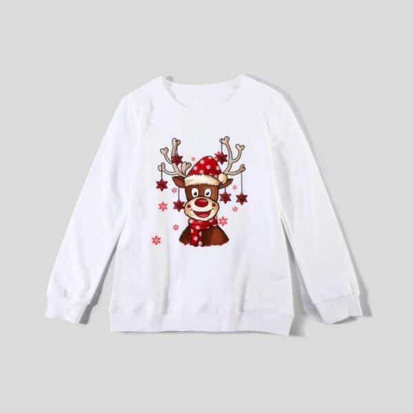 Pull de Noël en famille Joyeux Renne Blanc femme maman