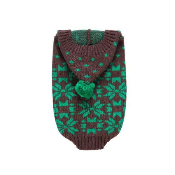 Pull de Noël petit chien marron flocon de neige vue dessus