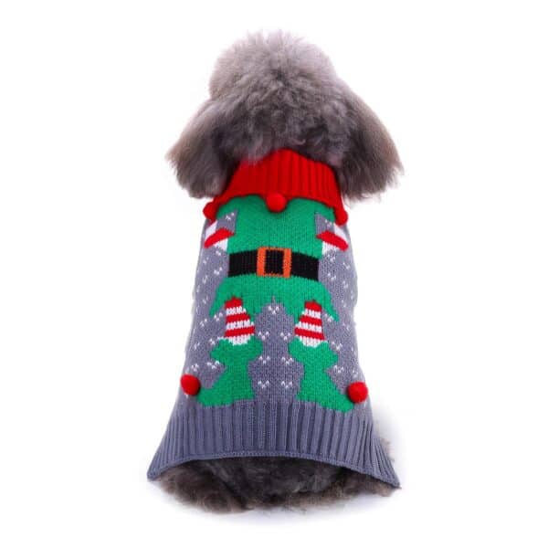 Pull de Noël pour chien gris lutin du père Noël vert vue de dos