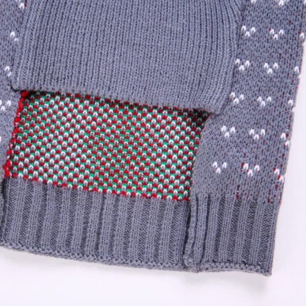 Pull de Noël pour chien gris lutin du père Noël vert vue detaillée