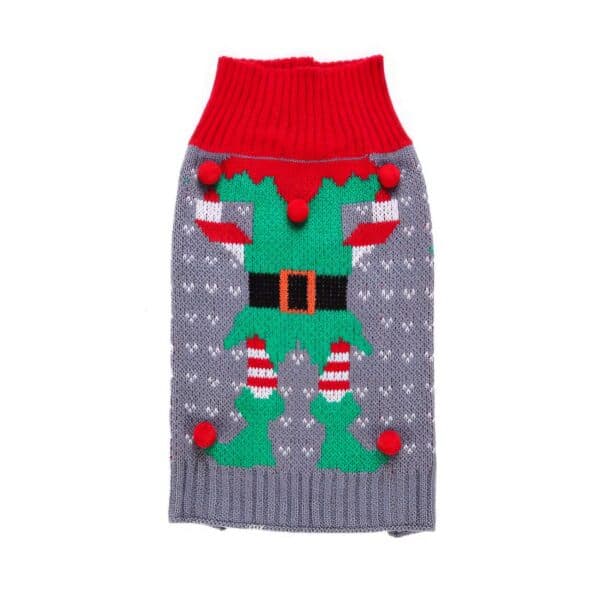 Pull de Noël pour chien gris lutin du père Noël vert vue du dessus