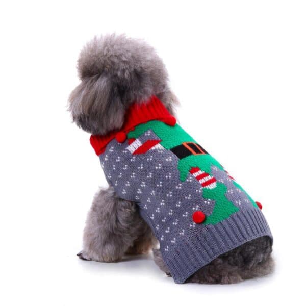 Pull de Noël pour petit chien gris lutin du père Noël vert vue de coté