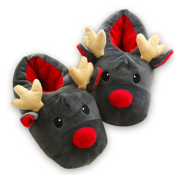 chaussons rennes noel gris rouge vue du dessus chaussons rennes noel gris rouge vue du dessus