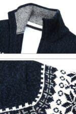 pull bleu zippe floccons noel vue de detail