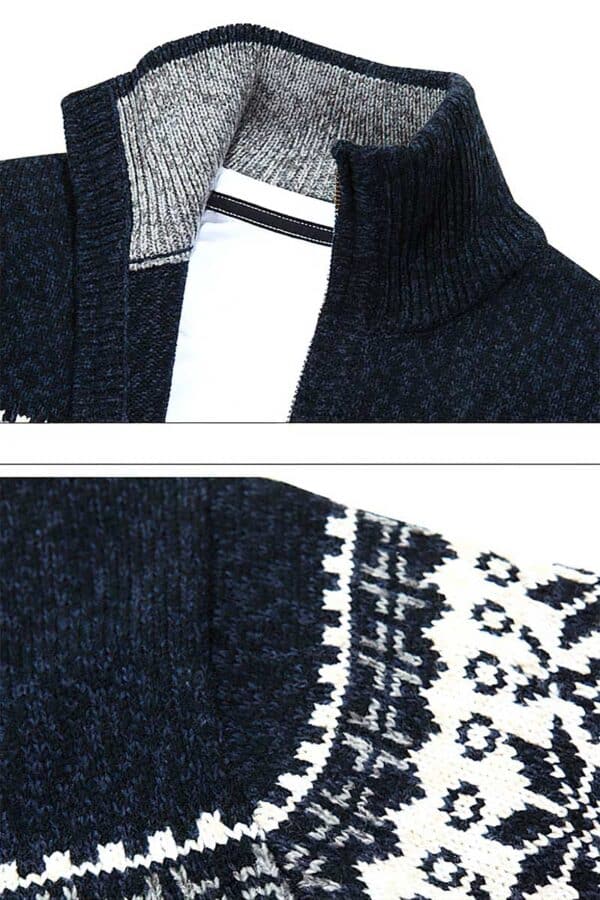 pull bleu zippe floccons noel vue de detail