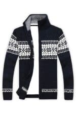 pull bleu zippe floccons noel vue de face