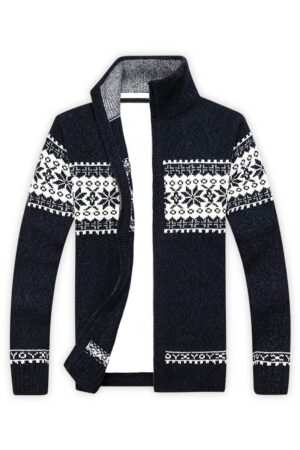 pull bleu zippe floccons noel vue de face