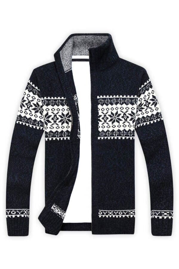 pull bleu zippe floccons noel vue de face