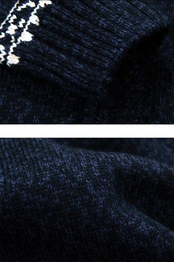 pull bleu zippe floccons noel vue manche