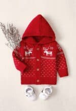 pull enfant rouge a capuche cerf noel vue de face