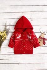 pull enfant rouge a capuche cerf noel vue de face2