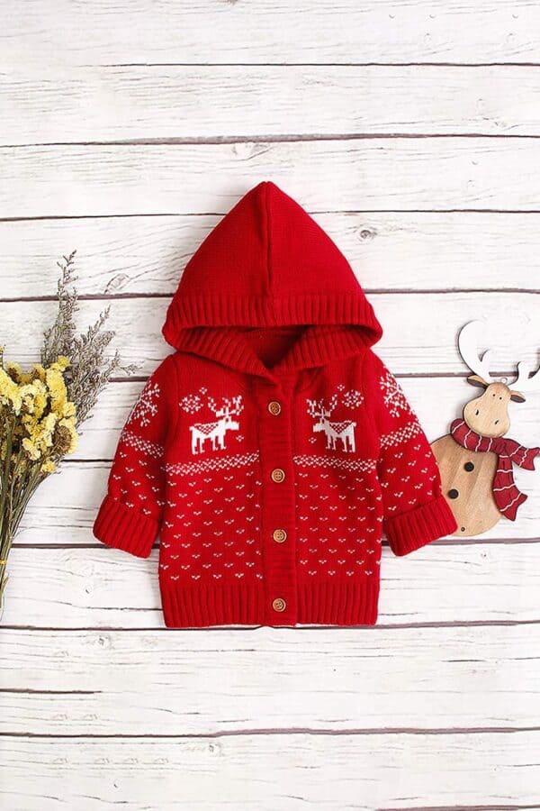 pull enfant rouge a capuche cerf noel vue de face2