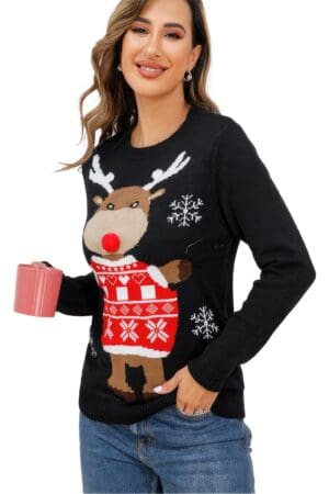 Pull Femme Noir Rudolph le Renne de Noël