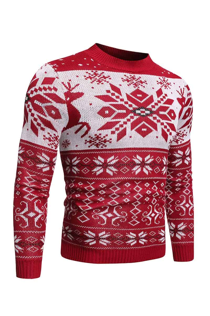Pull Homme Noël Jacquard - Motif Cerfs Et Flocons - Doublure Polaire Chaude - Style Festif Décontracté
